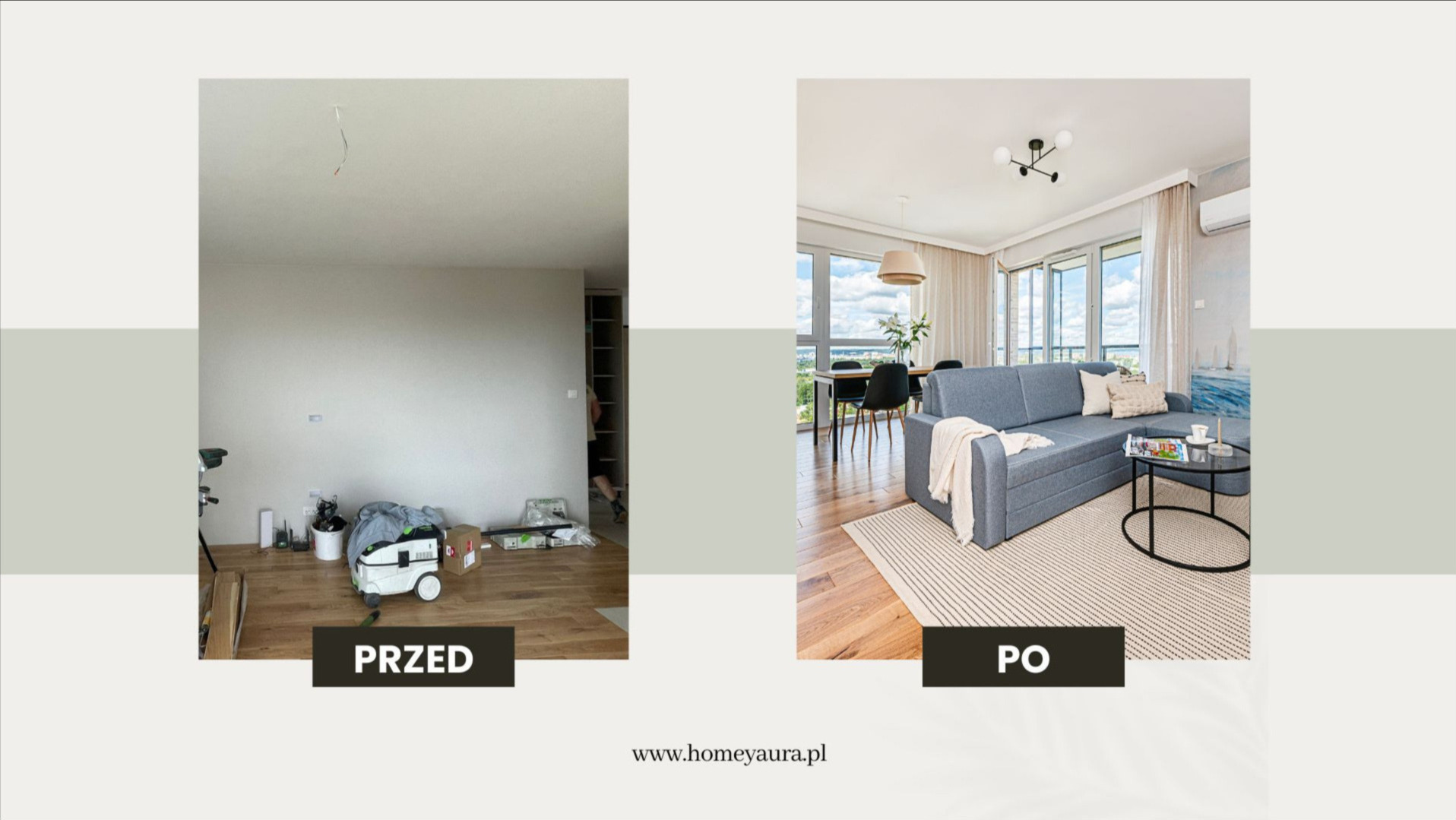 Porównanie stanu salonu przed i po: bałagan z narzędziami budowlanymi kontra jasne, urządzone wnętrze z szarą sofą, stolikiem kawowym i widokiem na miasto.