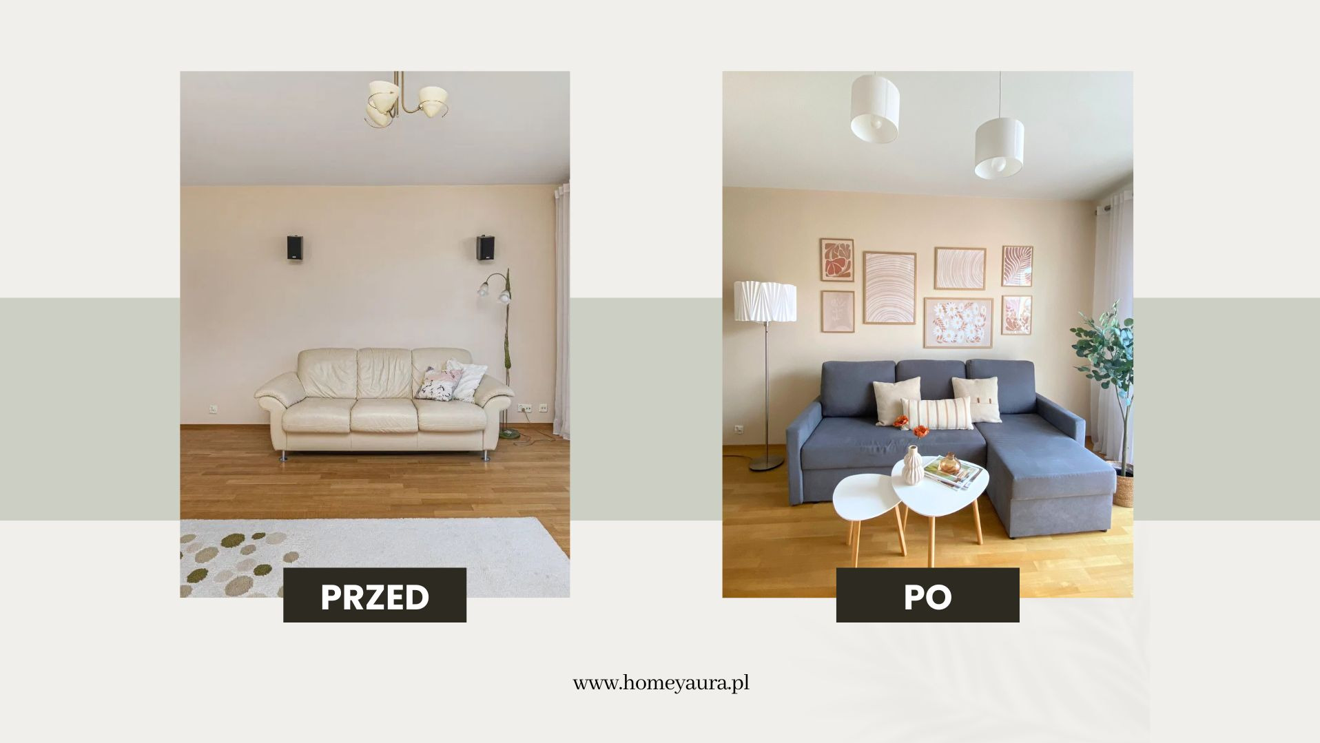Porównanie salonu przed i po zmianach: kremowa sofa i dywan z wzorem versus szara sofa narożna, galeria obrazków i stoliki kawowe.