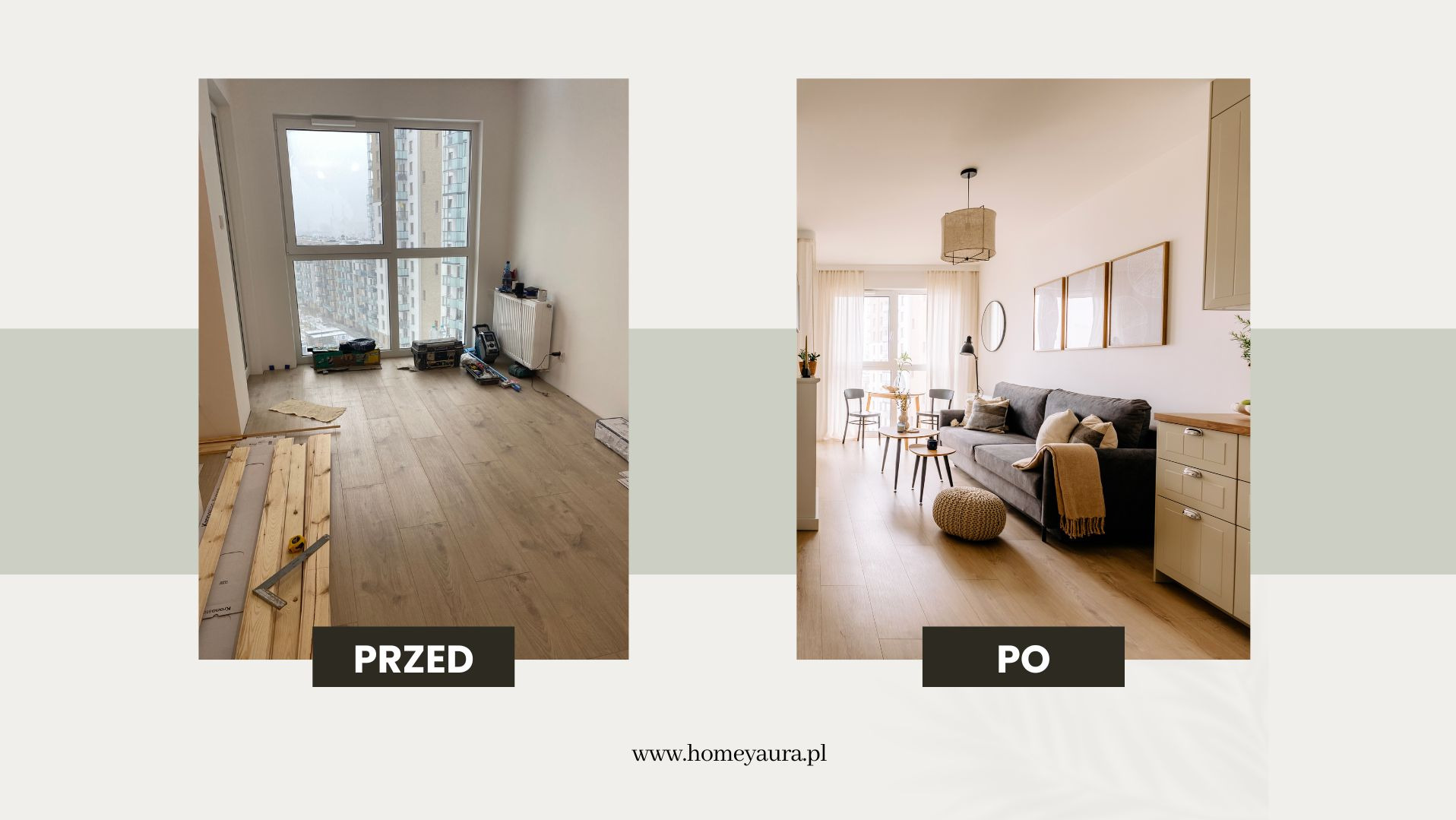 Porównanie stanu mieszkania przed i po: surowe wnętrze z narzędziami i materiałami budowlanymi kontra przytulny salon z sofą, dywanem i umeblowaną kuchnią.
