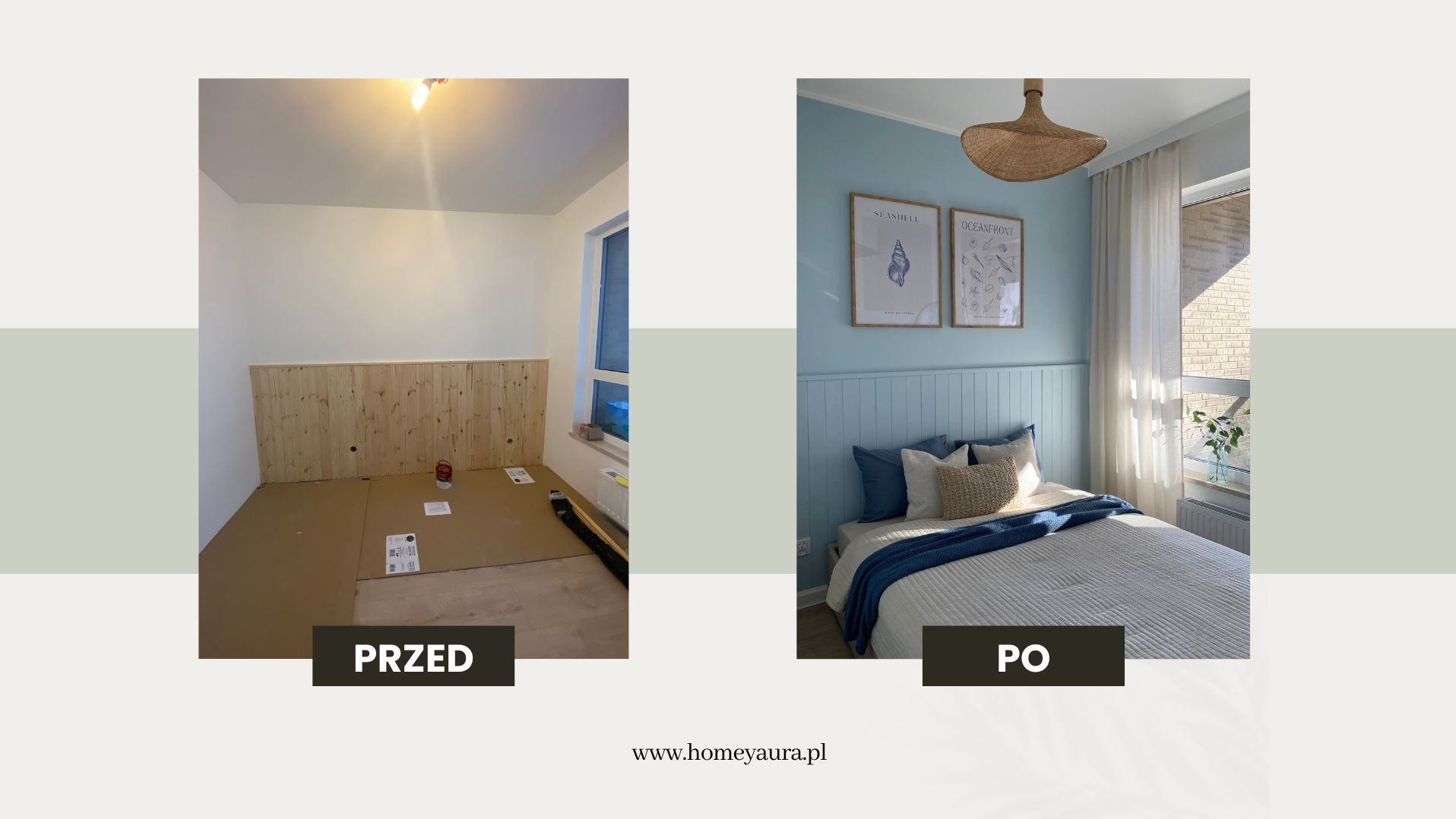 Porównanie pokoju przed i po: surowe drewniane panele na ścianie w trakcie montażu kontra gotowa sypialnia z niebieskimi ścianami, łóżkiem, plakatami i wiklinową lampą.