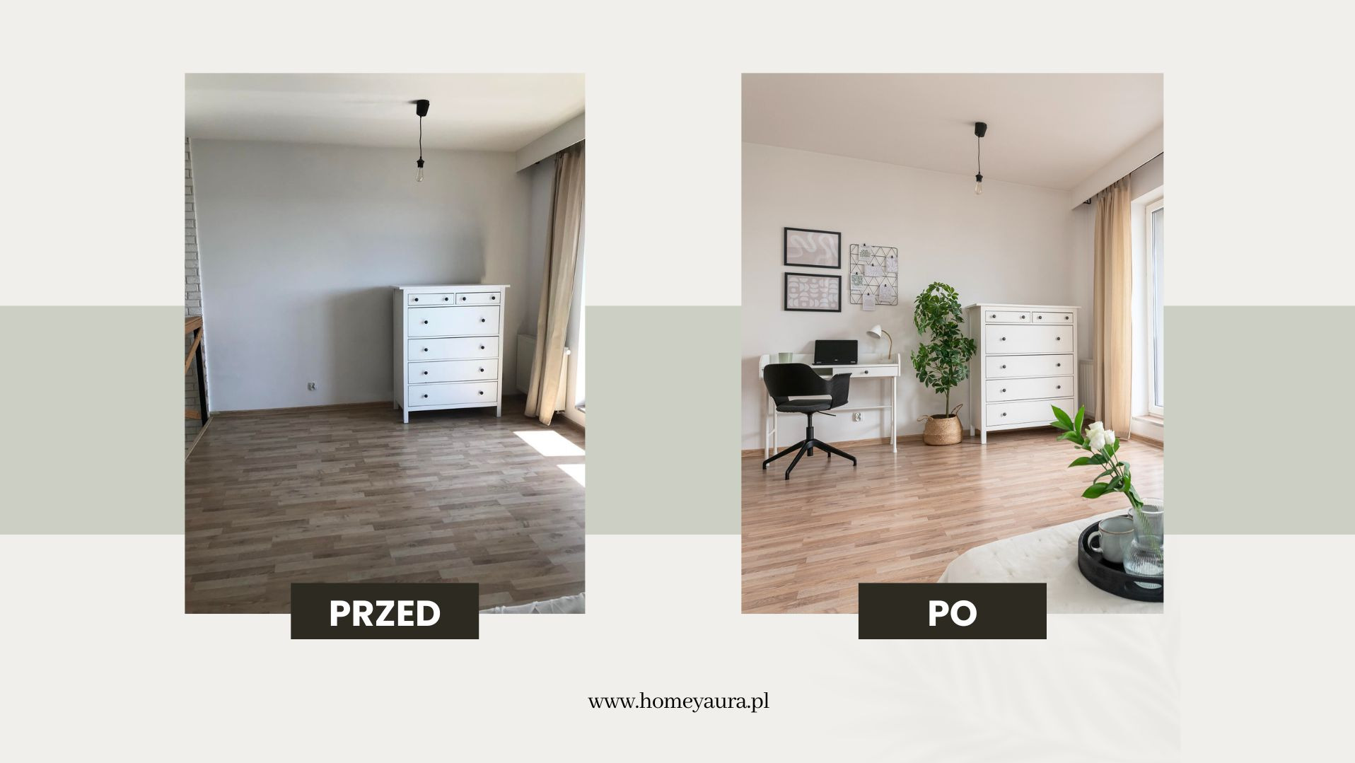 Pokój przed i po metamorfozie: po lewej puste wnętrze z komodą, po prawej biurko, krzesło, roślina i dekoracje.