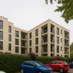 Nowoczesny, beżowy budynek wielorodzinny z balkonami i ciemnymi oknami, otoczony zielenią i zaparkowanymi samochodami w kolorach niebieskim i czerwonym.