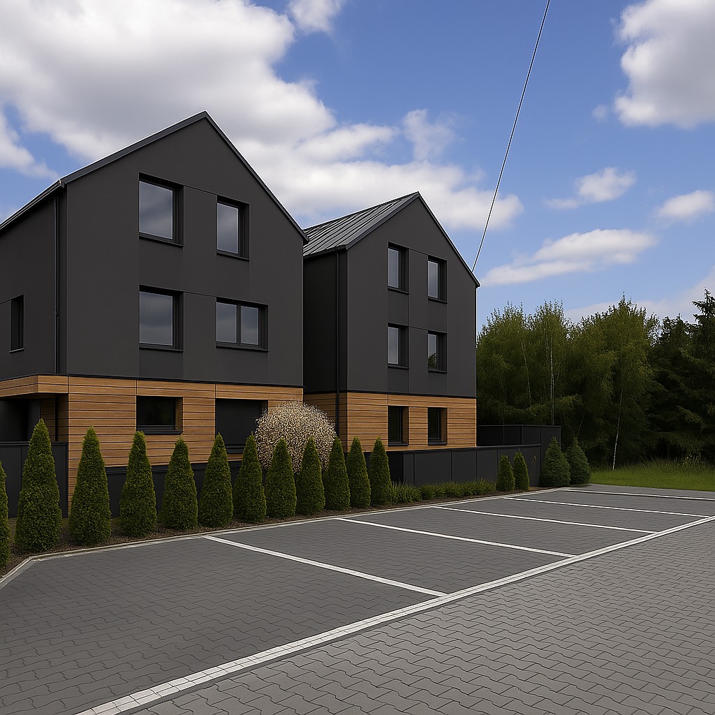 Dwa nowoczesne, dwukondygnacyjne domy w ciemnej kolorystyce z drewnianymi akcentami, widoczne z perspektywy parkingu z kostki brukowej, na tle błękitnego nieba.