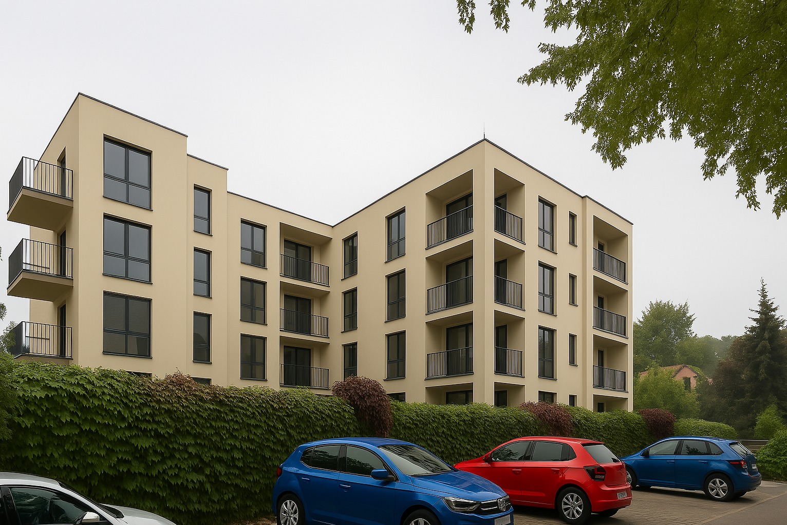 Nowoczesny, beżowy budynek wielorodzinny z balkonami i ciemnymi oknami, otoczony zielenią i zaparkowanymi samochodami w kolorach niebieskim i czerwonym.