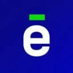 Białe logo z małą literą 'e' i zielonym akcentem nad nią na ciemnoniebieskim tle.