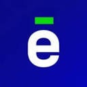 Białe logo z małą literą 'e' i zielonym akcentem nad nią na ciemnoniebieskim tle.