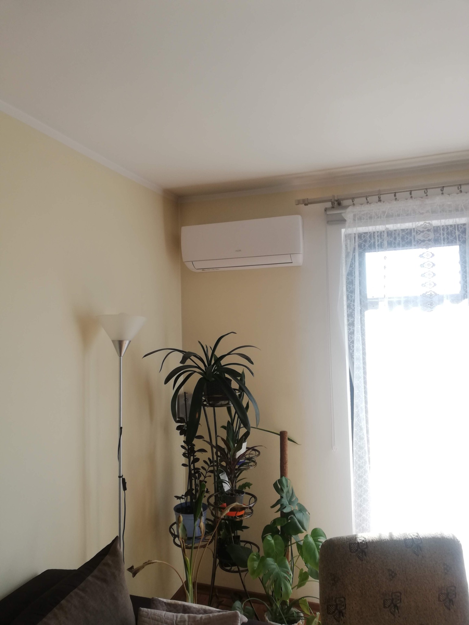 Biały klimatyzator na ścianie w jasnym pokoju, obok lampa i rośliny doniczkowe. Widoczne firanki w oknie.