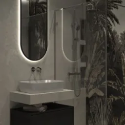 Nowoczesna łazienka w Toruniu z umywalką nablatową, podświetlanym lustrem i kabiną prysznicową z motywem tropikalnym na ścianie.