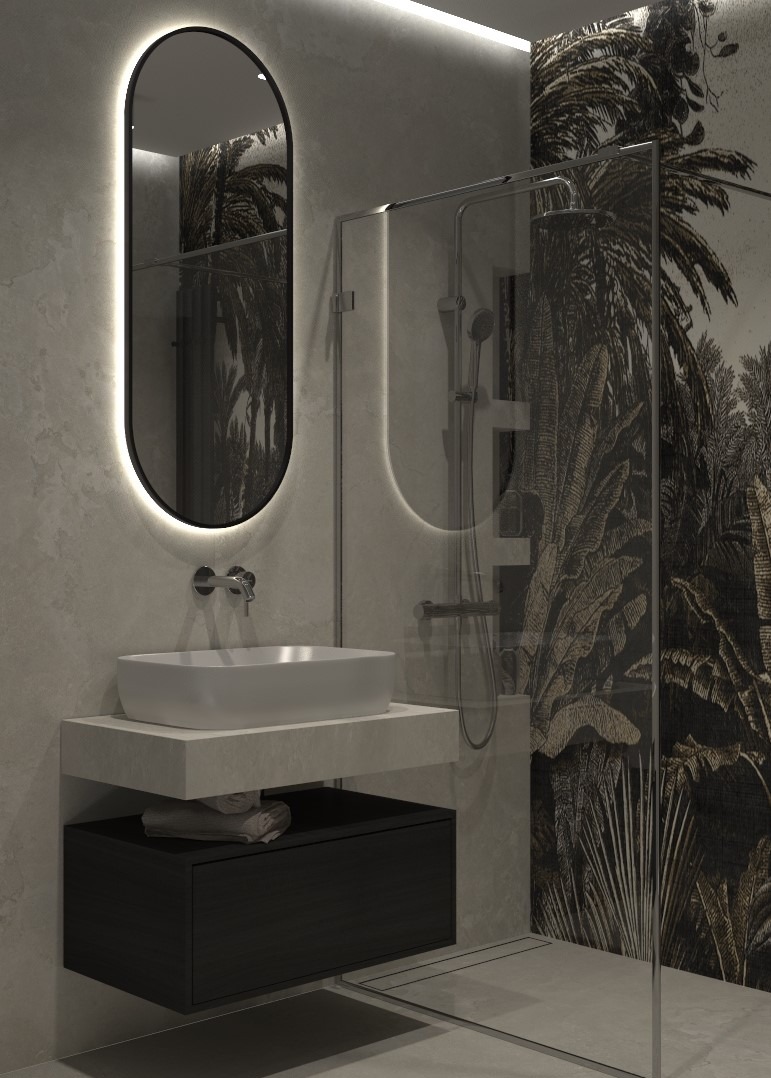 Nowoczesna łazienka w Toruniu z umywalką nablatową, podświetlanym lustrem i kabiną prysznicową z motywem tropikalnym na ścianie.