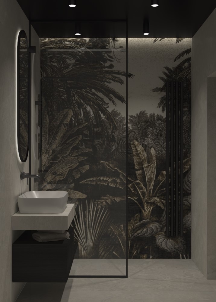 Nowoczesna łazienka z umywalką nablatową, owalnym lustrem z podświetleniem i ścianą z tapetą w motywy tropikalne, widziana z perspektywy frontowej.