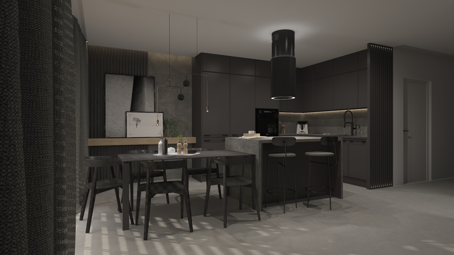 Nowoczesna, monochromatyczna kuchnia z wyspą i stołem jadalnym, oświetlona wiszącymi lampami, z minimalistycznymi dekoracjami na ścianie i teksturowanymi zasłonami.