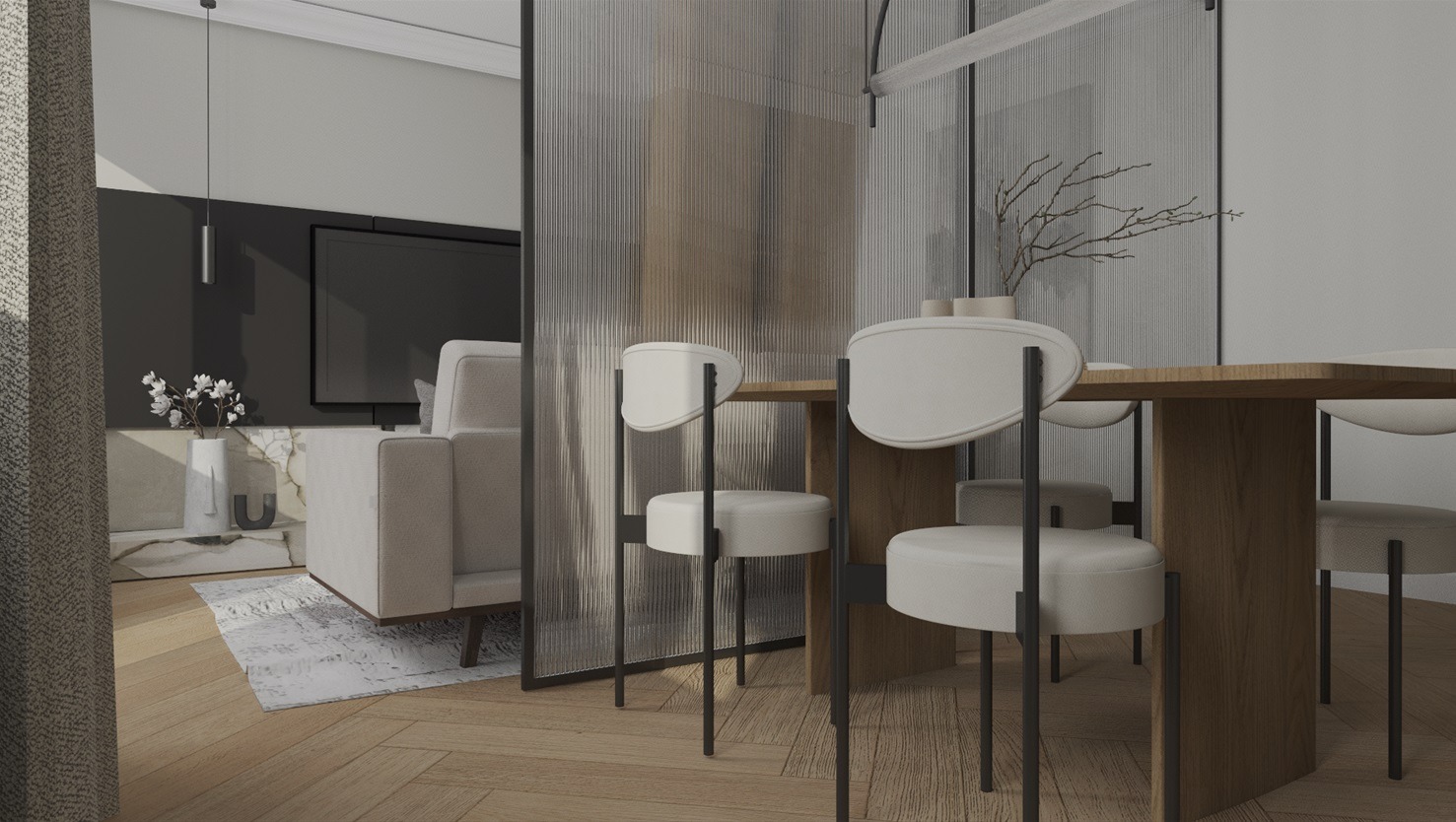 Wnętrze nowoczesnego salonu z jadalnią, oddzielone ścianką z ryflowanego szkła. Widoczny kremowy narożnik, drewniany stół z krzesłami o białych siedziskach i czarnych nogach, drewniana podłoga...