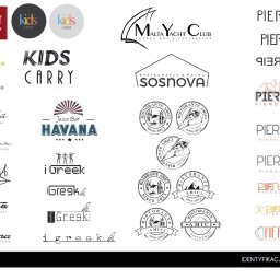 Anna Różańska - Kolekcja różnorodnych logo dla firm z branży gastronomicznej, od restauracji włoskich po bary z sokami, w tym logo dla sklepów z odzieżą dziecięcą, prezentowane w czerni i bieli oraz kolorze,...