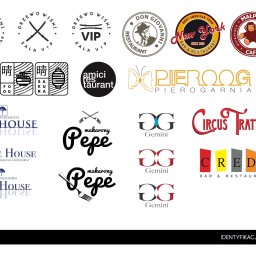 Anna Różańska - Kolekcja różnorodnych logotypów restauracji, barów, apartamentów, cukierni i innych firm, prezentowanych na białym tle, charakteryzujących się różnymi stylami i kolorami, od minimalistycznych po...