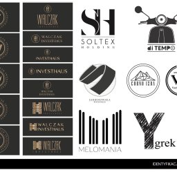 Anna Różańska - Zestaw różnorodnych logo firmowych w odcieniach złota, czerni i bieli, prezentujących różne style i branże, od eleganckich monogramów po minimalistyczne ikony.