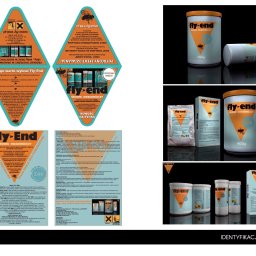 Anna Różańska - Grafika prezentująca serię opakowań środka owadobójczego Fly-End w różnych rozmiarach (200g, 400g, saszetki 100g) na ciemnym tle, uwzględniająca ulotkę informacyjną i podkreślająca identyfikację...