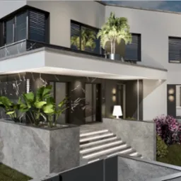 Wizualizacja nowoczesnego domu z elewacją z czarnego marmuru, podświetlonymi schodami wejściowymi i roślinnością w betonowych donicach.