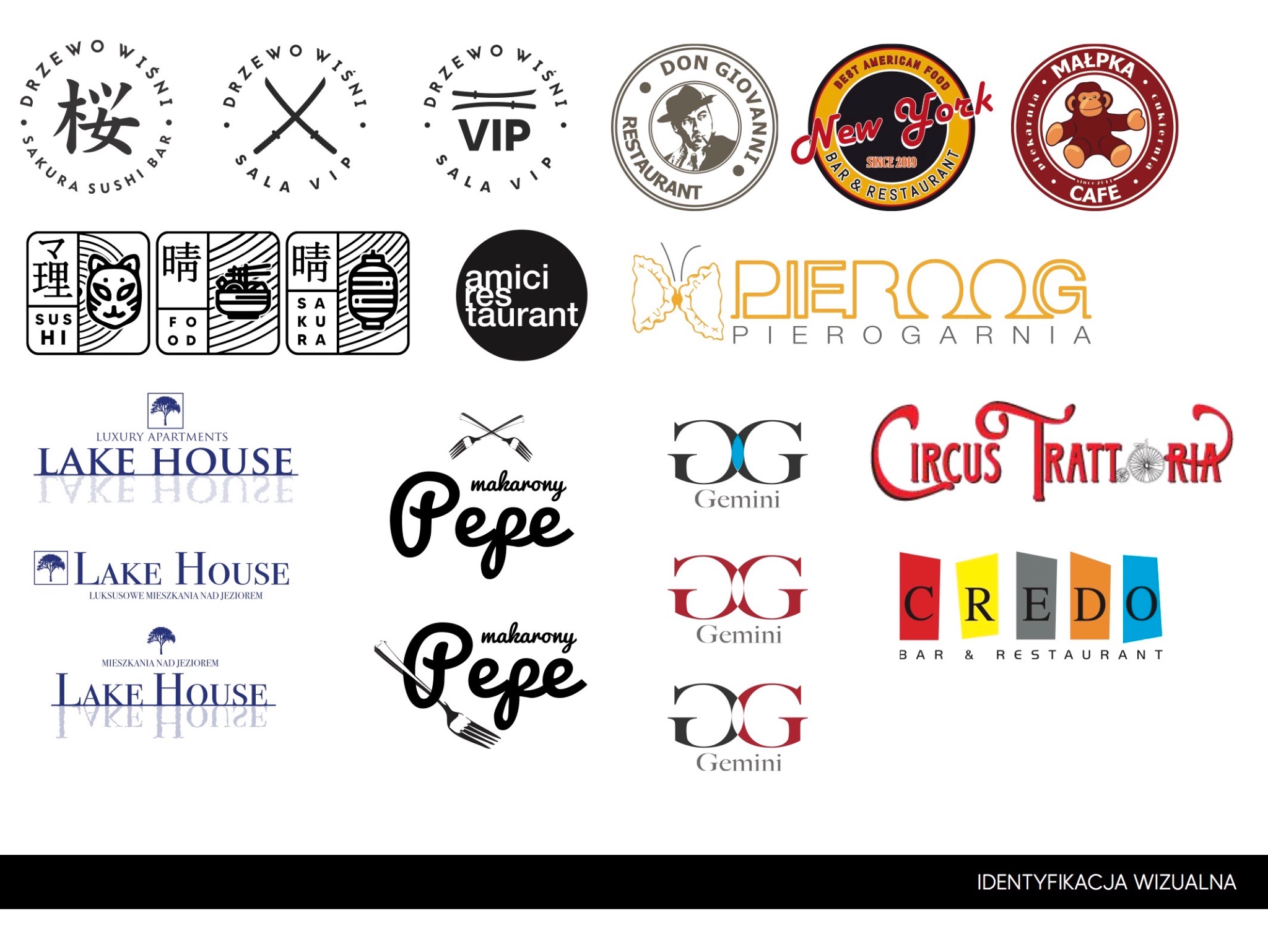 Kolekcja różnorodnych logotypów restauracji, barów, apartamentów, cukierni i innych firm, prezentowanych na białym tle, charakteryzujących się różnymi stylami i kolorami, od minimalistycznych po...