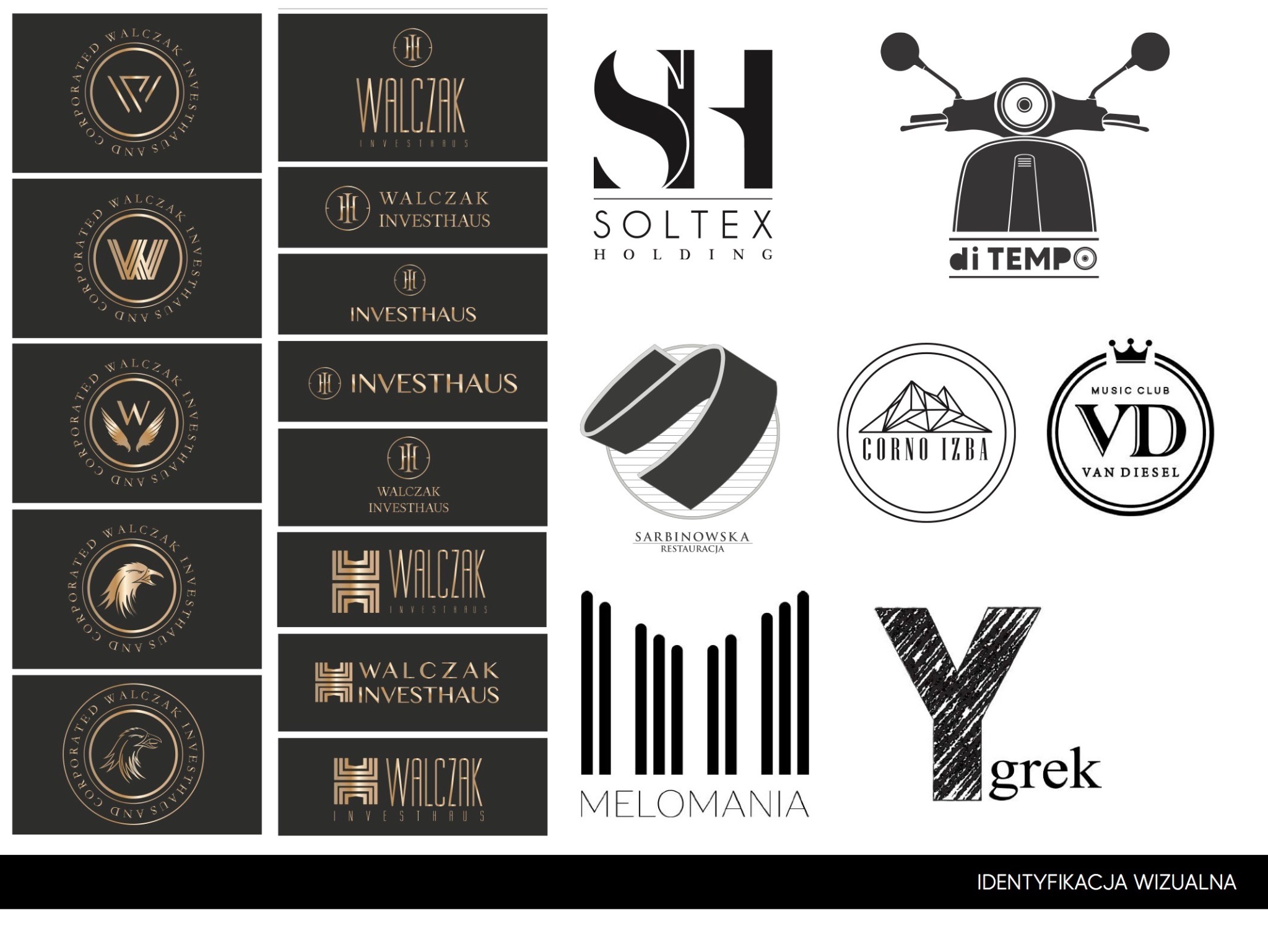 Zestaw różnorodnych logo firmowych w odcieniach złota, czerni i bieli, prezentujących różne style i branże, od eleganckich monogramów po minimalistyczne ikony.