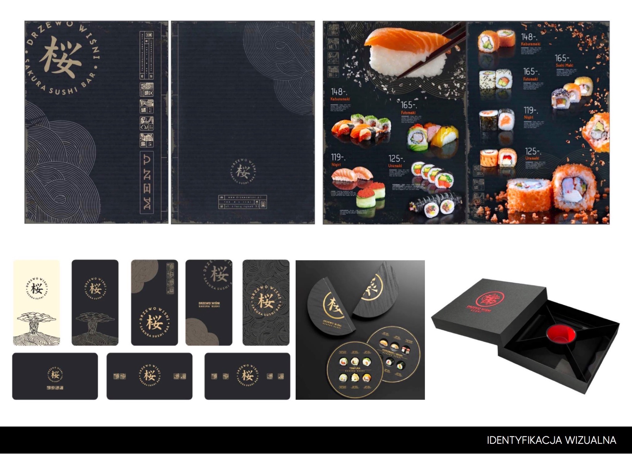 Komplet materiałów identyfikacji wizualnej dla restauracji sushi 'Drzewo Wiśni' obejmujący menu, wizytówki, podkładki i opakowanie na wynos w kolorystyce czarno-złotej z motywem kwiatu wiśni.