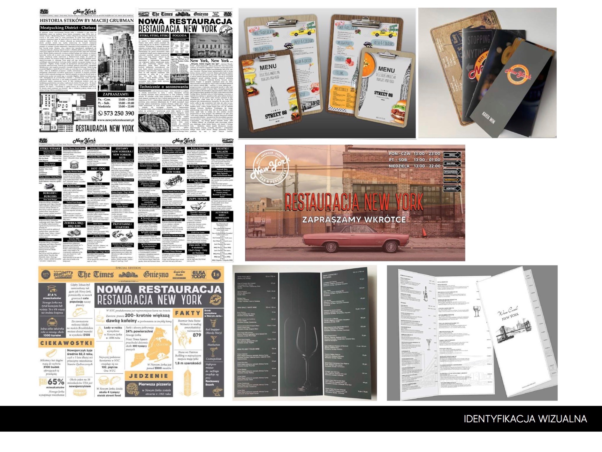 Kolaż materiałów reklamowych restauracji 'Restauracja New York': gazety z artykułami, menu na podkładkach, karty win i ulotki informacyjne.