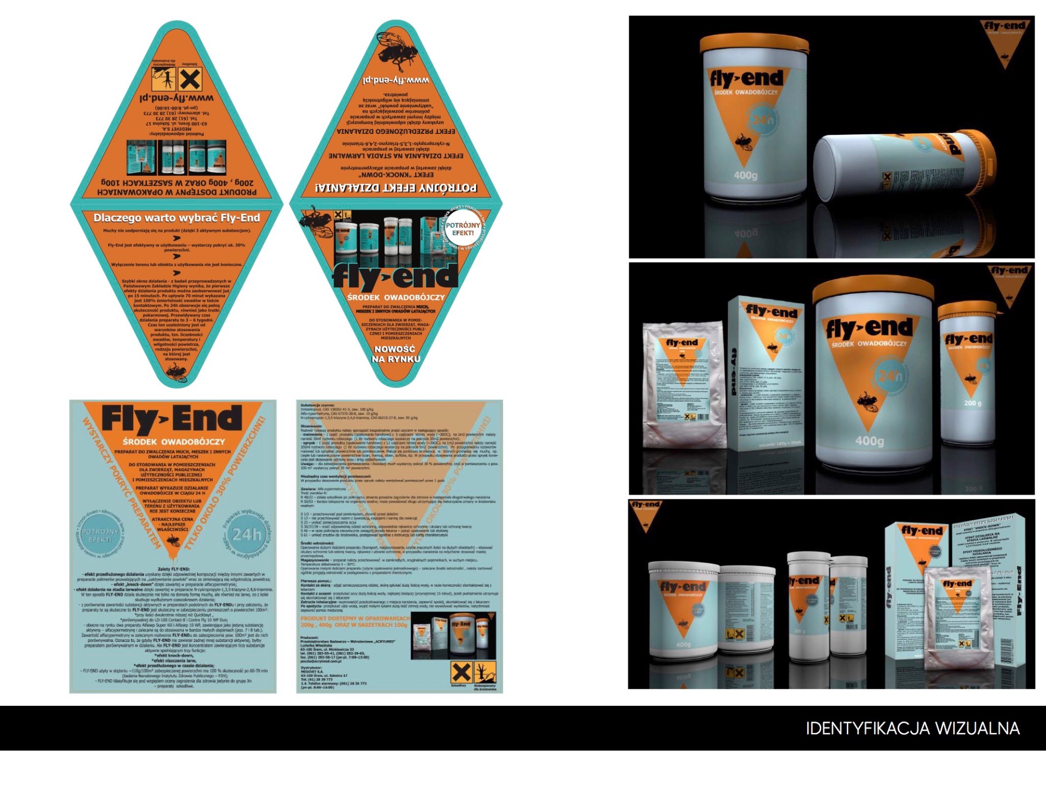 Grafika prezentująca serię opakowań środka owadobójczego Fly-End w różnych rozmiarach (200g, 400g, saszetki 100g) na ciemnym tle, uwzględniająca ulotkę informacyjną i podkreślająca identyfikację...