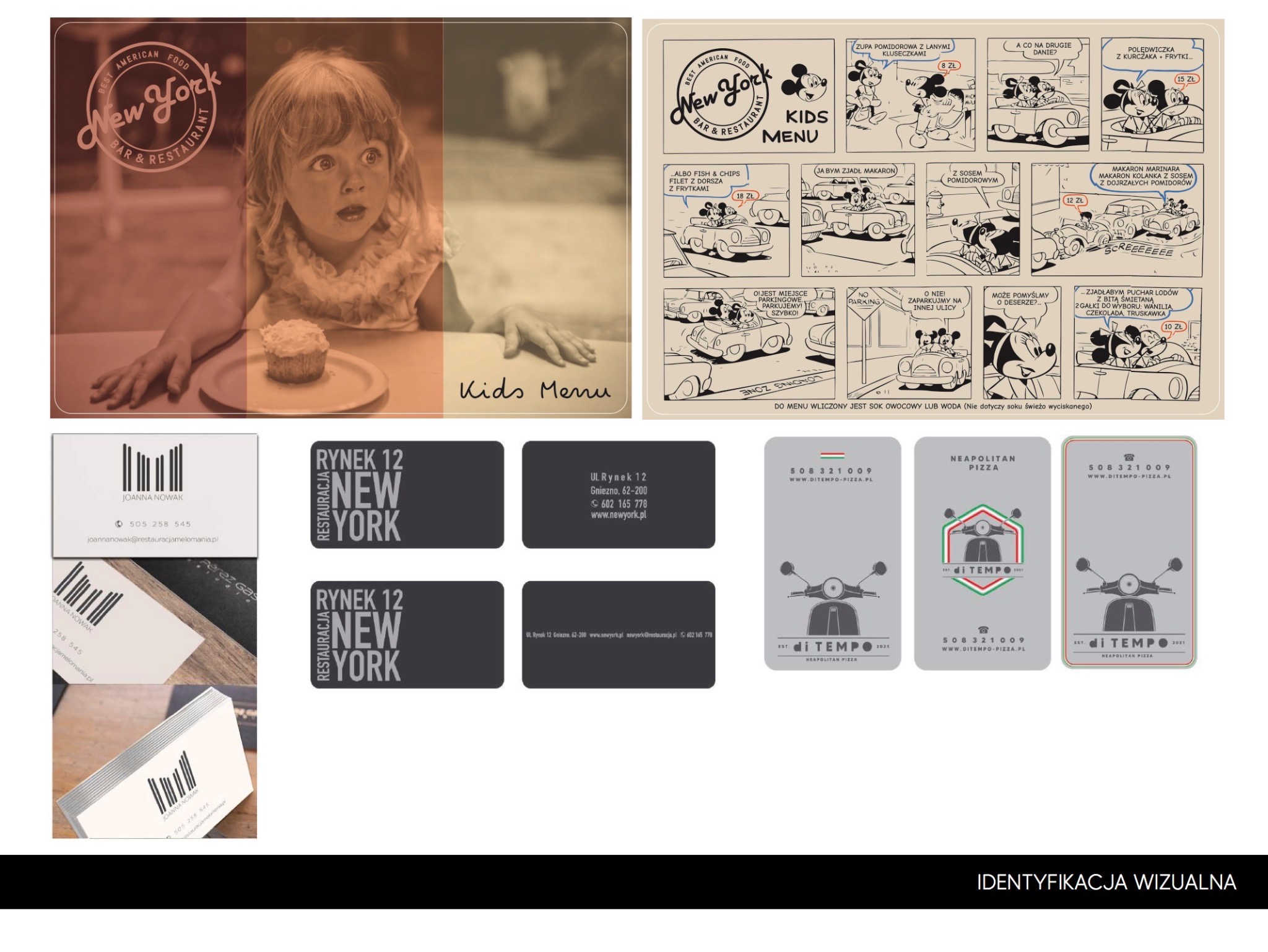 Zestawienie elementów identyfikacji wizualnej restauracji: menu dla dzieci z ilustracjami Myszki Miki, wizytówki z minimalistycznym logo, karty rabatowe z motywem skutera oraz logotypy restauracji.