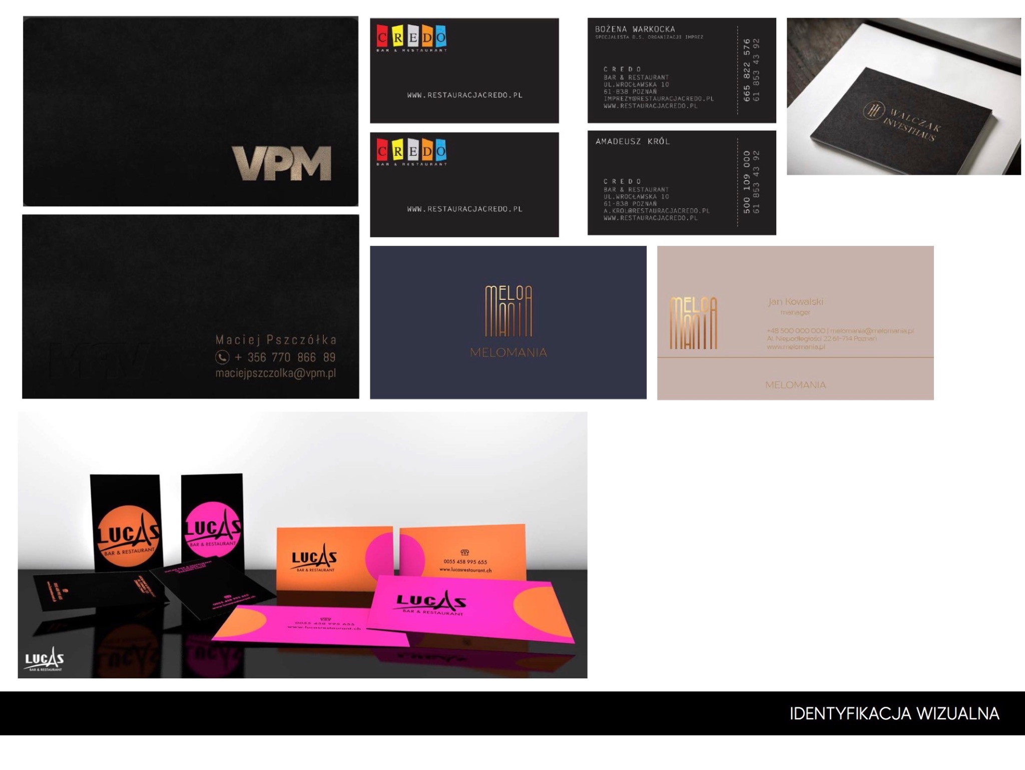 Zestaw wizytówek z różnymi logotypami i kolorystyką, prezentujących różne firmy i marki, ułożonych na czarnym, błyszczącym tle.