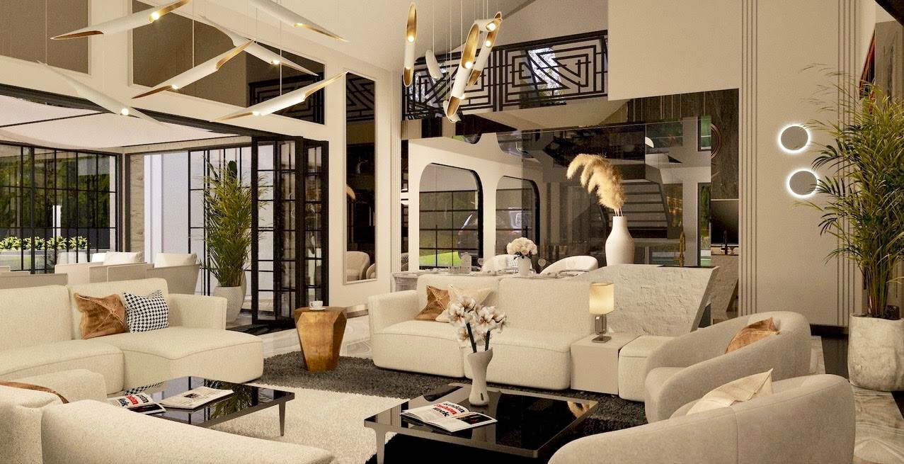 Przestronny salon z białymi sofami, czarnymi stolikami kawowymi i nietypowym oświetleniem sufitowym w nowoczesnym stylu.