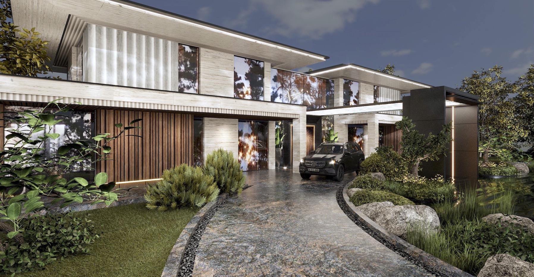 Wizualizacja nowoczesnej, dwukondygnacyjnej willi z płaskim dachem, elewacją z jasnego kamienia i drewnianymi panelami, podświetlona ledami, z czarnym samochodem zaparkowanym na podjeździe...