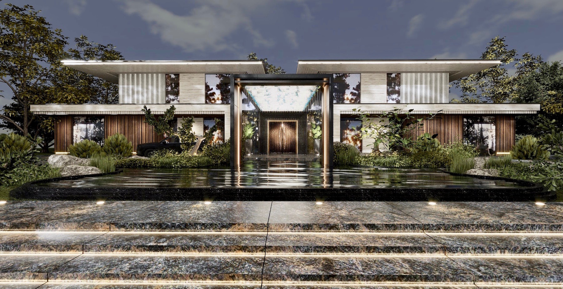 Nowoczesna willa z oświetloną elewacją, wodnym elementem przed wejściem, schody z marmuru z podświetleniem LED.