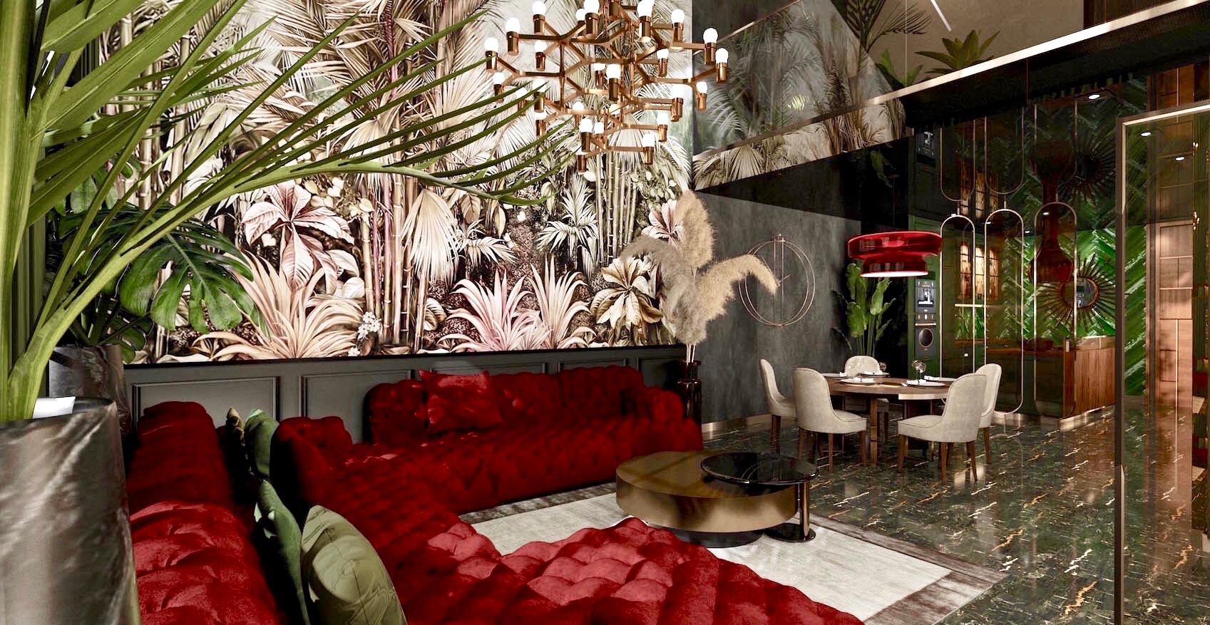 Eklektyczny salon z czerwonym, pikowanym narożnikiem, okrągłym stolikiem kawowym i tapetą w motywy tropikalne, oświetlony designerską lampą wiszącą i lampą podłogową.