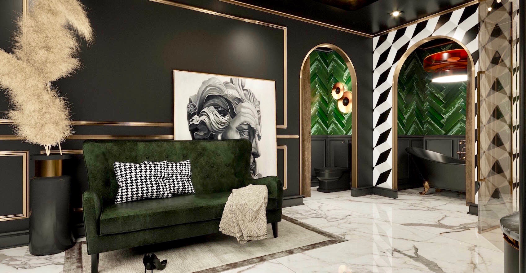 Eleganckie wnętrze z zieloną sofą, marmurową podłogą i czarno-białą grafiką na ścianie, widok na łazienkę z zielonymi płytkami ułożonymi w jodełkę i czarną wanną.