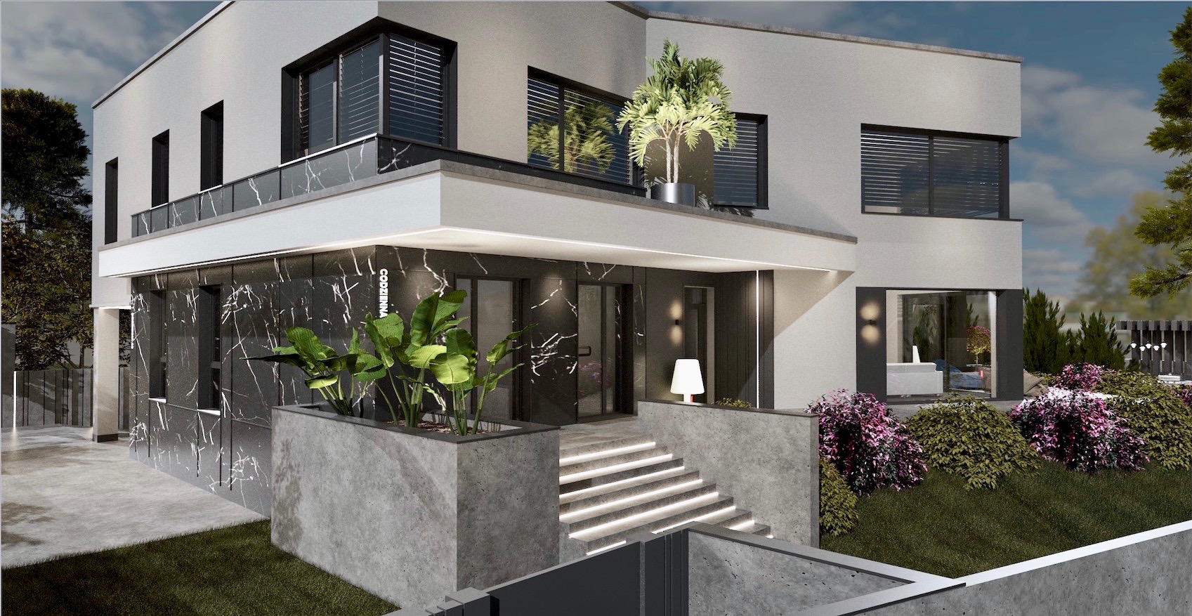 Wizualizacja nowoczesnego domu z elewacją z czarnego marmuru, podświetlonymi schodami wejściowymi i roślinnością w betonowych donicach.