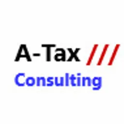 Logo A-Tax Consulting z czarnym napisem 'A-Tax' i czerwonymi ukośnikami, poniżej niebieski napis 'Consulting' na białym tle.