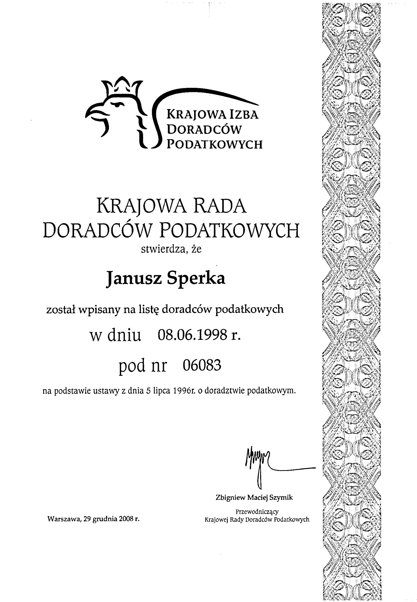 Wpis nr 06083 na listę doradców podatkowych Krajowej Izby Doradców Podatkowych