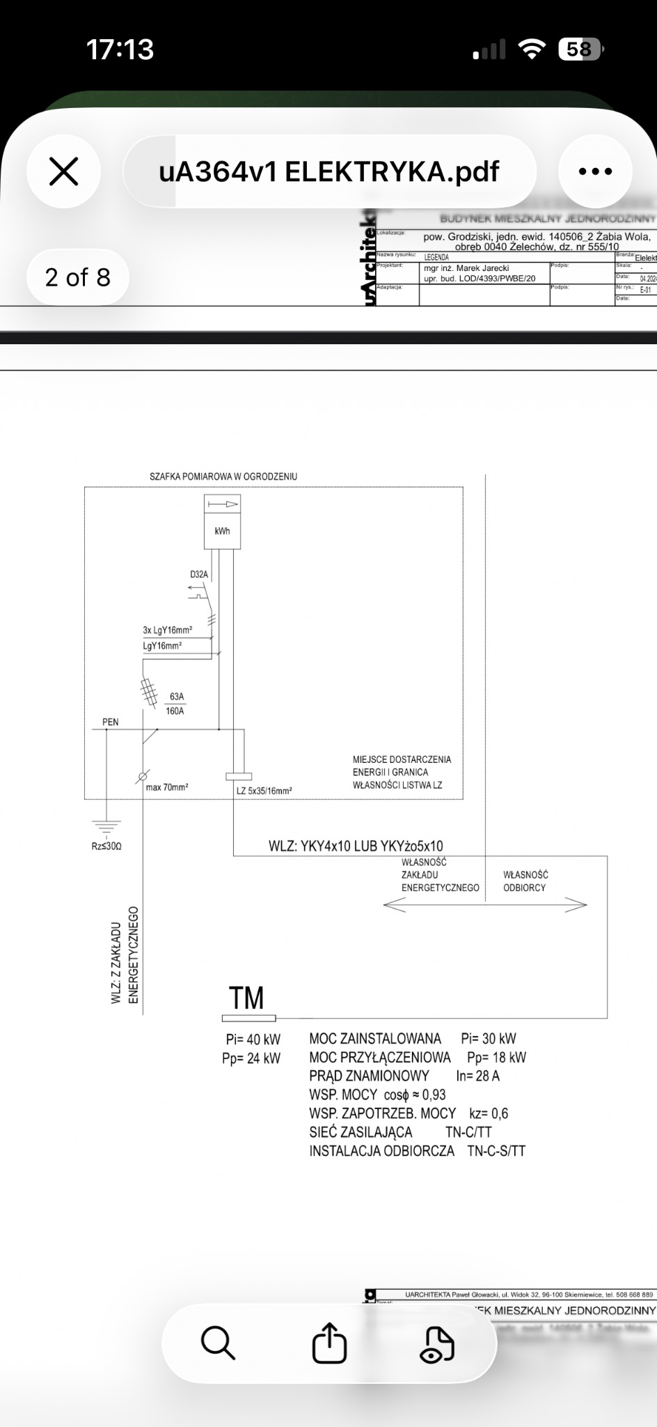 Schemat elektryczny przyłącza budynku jednorodzinnego z szafką pomiarową w ogrodzeniu, zawierający parametry mocy i typ sieci zasilającej. Dokumentacja projektowa.