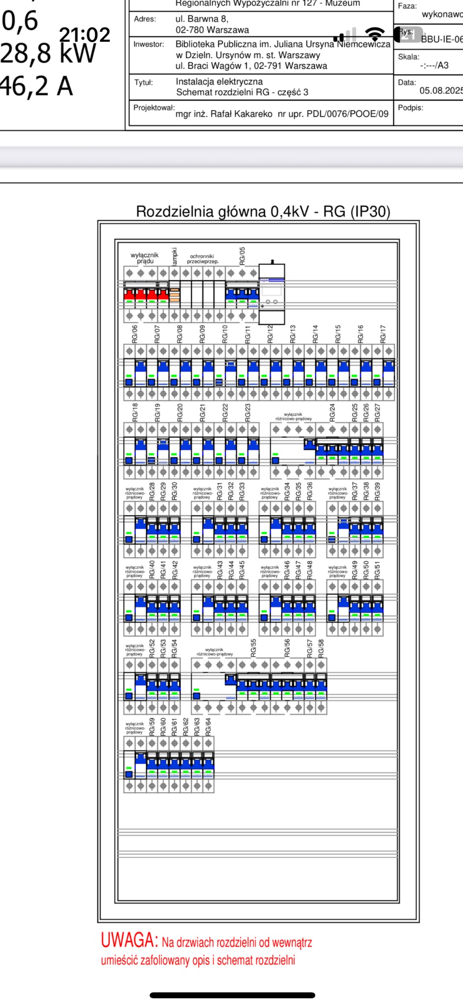 Schemat elektryczny rozdzielni głównej 0,4kV RG (IP30) dla Biblioteki Publicznej, z oznaczeniami wyłączników, lampek i ochronników przeciwprzepięciowych.