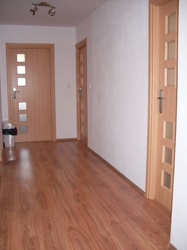 Wnętrze korytarza z trzema drewnianymi drzwiami, podłoga wyłożona panelami imitującymi drewno, widoczny kosz na śmieci.