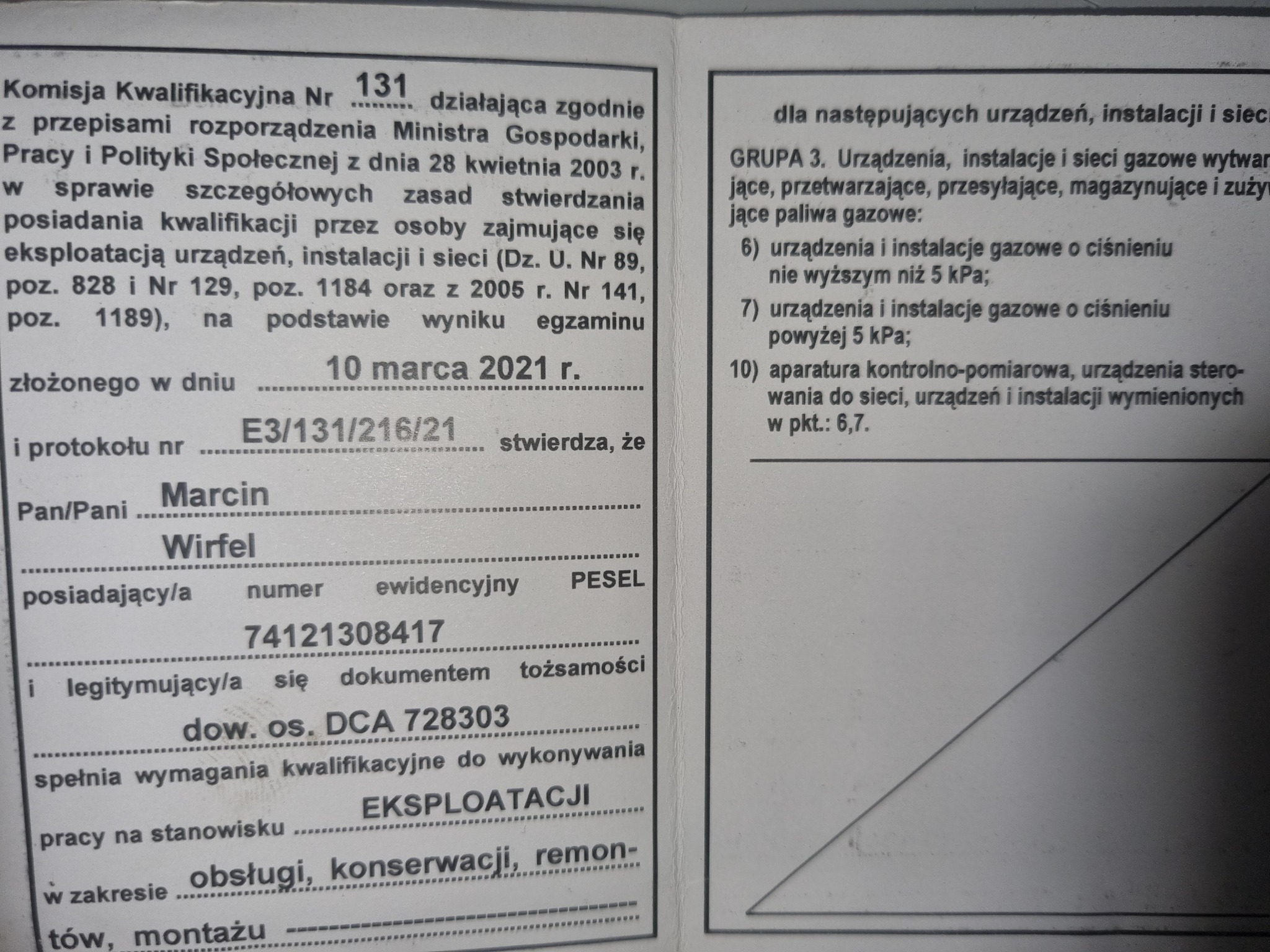 Skan dokumentu potwierdzającego kwalifikacje do eksploatacji urządzeń, instalacji i sieci gazowych, wydany 10 marca 2021 r. dla Marcina Wirfela, obejmujący obsługę, konserwację, remonty i montaż.