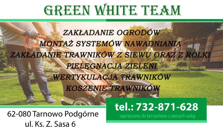 Grafika reklamowa: mężczyzna kosi trawnik kosiarką spalinową. W tle budynek, tekst o zakładaniu ogrodów i pielęgnacji zieleni. Kontakt: telefon i adres.