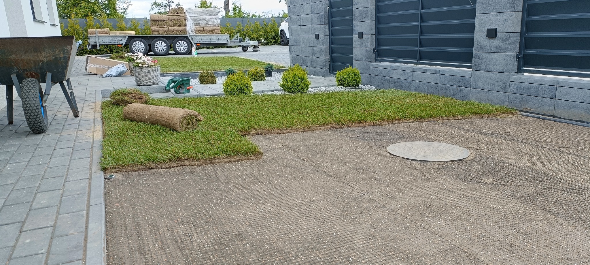 Układanie trawy z rolki przy posesji z szarej kostki. Widoczna przyczepka z rolkami trawy w tle, obrzeża i donice z kwiatami.