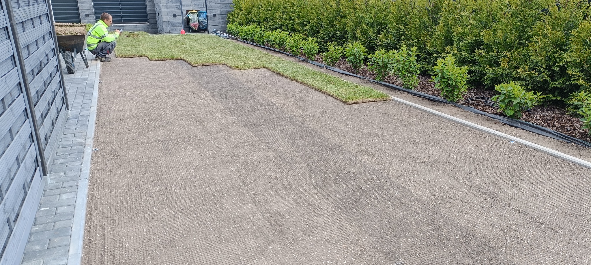 Układanie trawy z rolki w ogrodzie. Widoczny pracownik w odblaskowej kamizelce i częściowo ułożona trawa na przygotowanym podłożu. W tle krzewy i ogrodzenie.