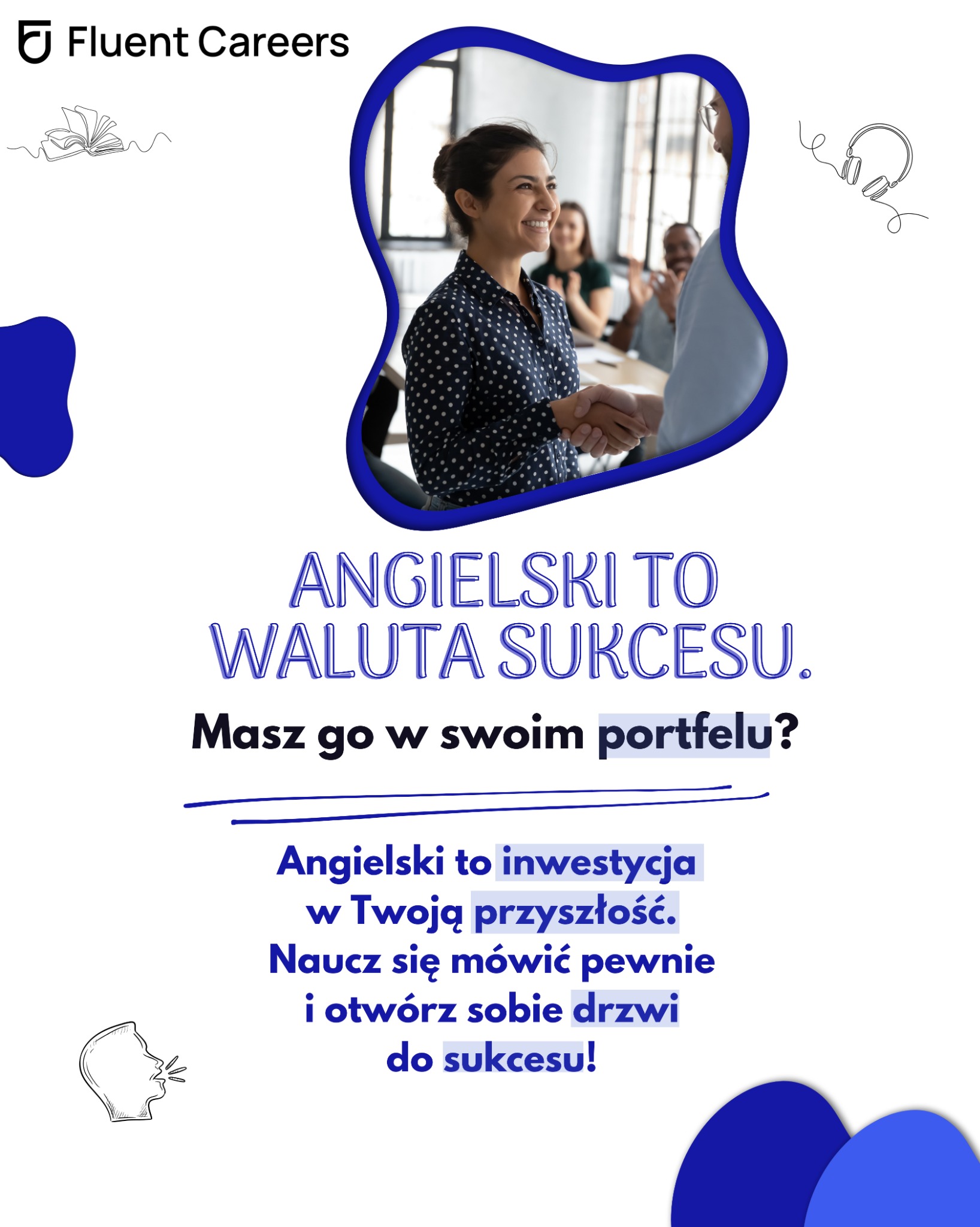 Uśmiechnięta kobieta w bluzce w kropki ściska dłoń mężczyzny podczas spotkania biznesowego, w tle oklaskująca grupa osób.