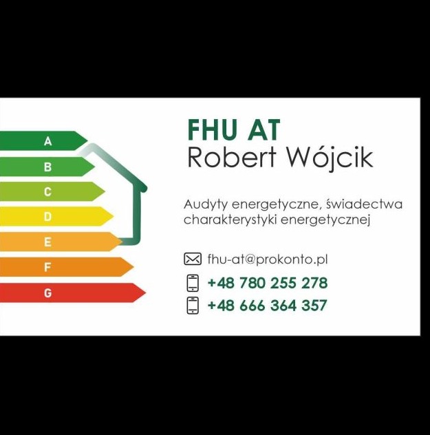 Wizytówka firmy FHU AT Robert Wójcik oferującej audyty energetyczne i świadectwa charakterystyki energetycznej. Widoczny schemat klas energetycznych budynków.