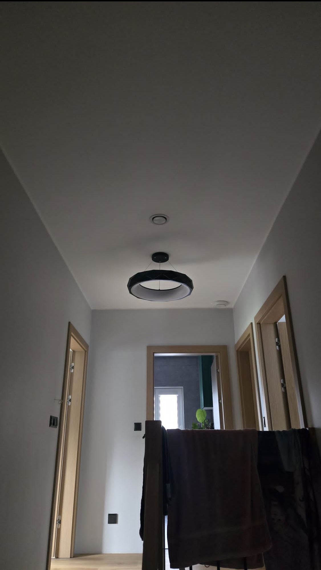 Nowoczesna lampa sufitowa w kształcie pierścienia, oświetlająca korytarz z drewnianymi drzwiami i widokiem na dalsze pomieszczenia. Minimalistyczny design, neutralne kolory ścian.