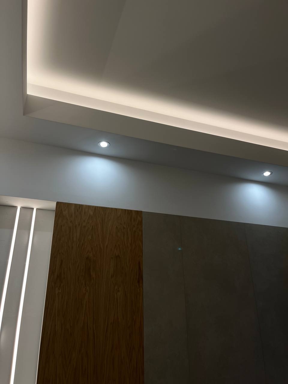 Nowoczesne wnętrze z oświetleniem sufitowym LED, drewnianą okładziną ścienną i punktowymi lampami halogenowymi.