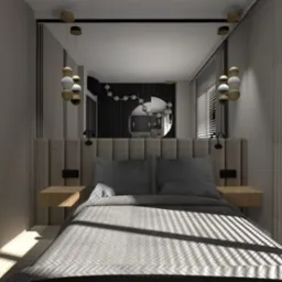 Nowoczesna sypialnia z łóżkiem, tapicerowanym zagłówkiem, wiszącymi szafkami nocnymi i dekoracyjnym lustrem z kulistymi lampami po bokach, oświetlona promieniami słońca wpadającymi przez żaluzje.