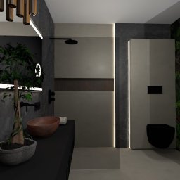 Le-Pa aranżacje wnętrz JOANNA MICHALIK - Nowoczesna łazienka z elementami drewna: umywalka w kształcie misy, czarna armatura, pionowe oświetlenie LED wzdłuż kabiny prysznicowej i toaleta w kolorze czarnym, akcent roślinny w postaci...