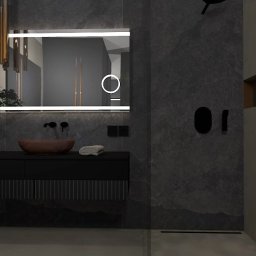 Le-Pa aranżacje wnętrz JOANNA MICHALIK - Nowoczesna łazienka z umywalką w kształcie misy, podświetlanym lustrem i ciemnymi płytkami imitującymi kamień, z minimalistycznymi czarnymi akcentami i dekoracyjną rośliną bonsai po lewej stronie.
